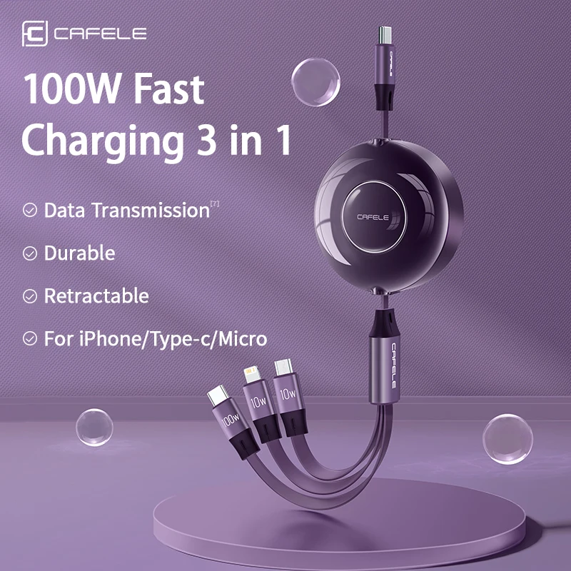 

CAFELE Fast Charge Retractable Charger Cable for iPhone 16 15 USB C to Lightning Micro Type C 3 In1 100W Data Cord Wire