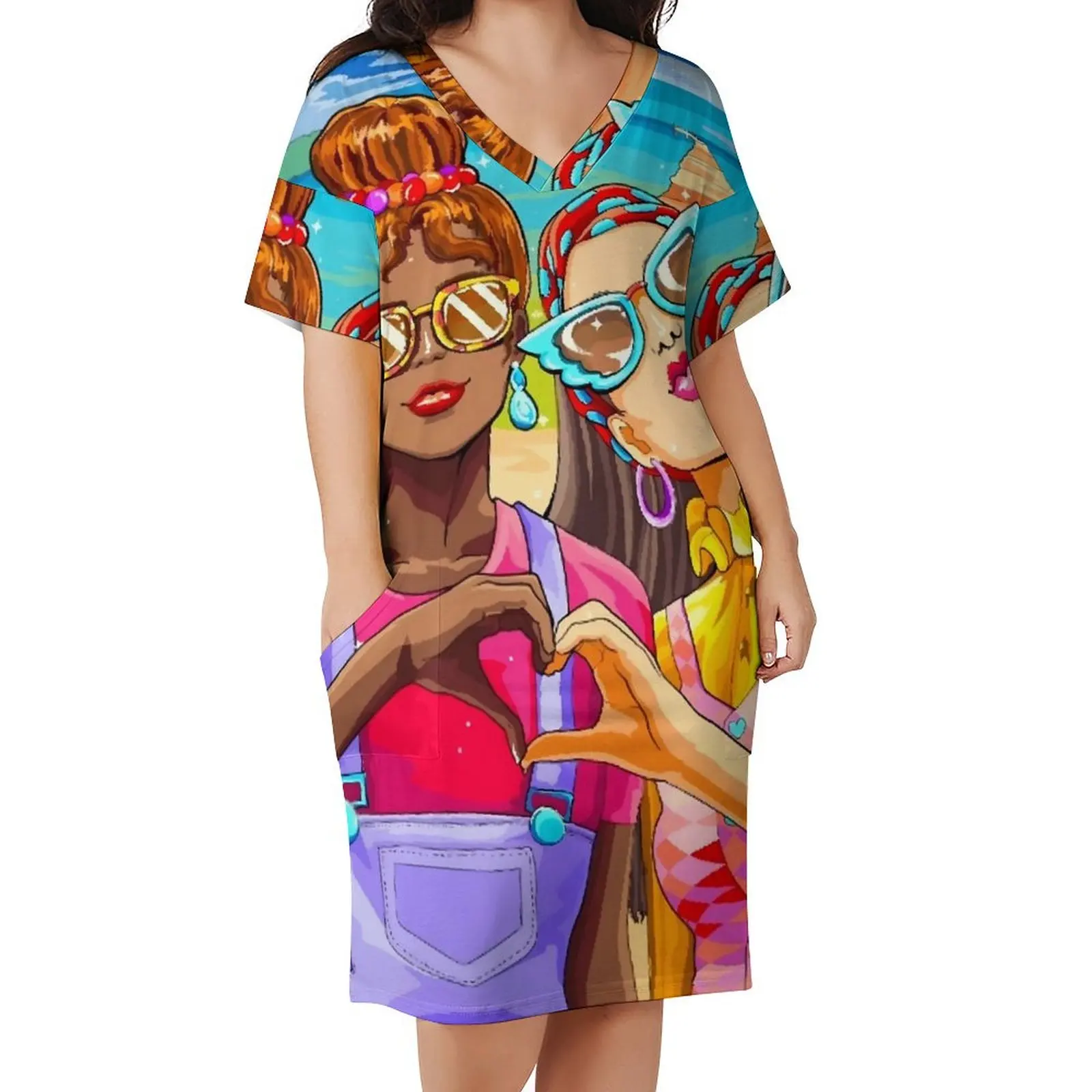 Cartoon Ladies Casual Dress Women Travel Buddies Sexy Dresses Summer V Neck Street Wear Design Dress Big Size