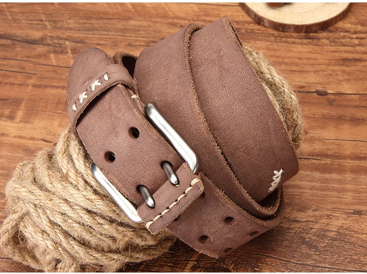 Genuine Cowhide Triple Prong Alloy Buckle Belt Smooth Gentle Leather Touch Hand‑Sewn Decor Motif Corrosion‑Proof Fitting