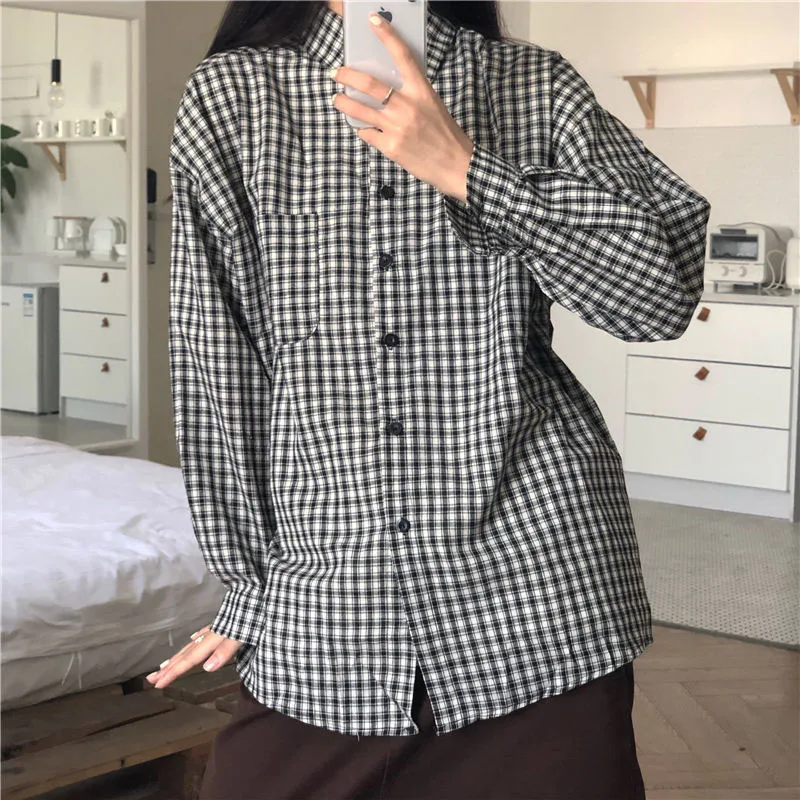 Xpqbb Plaid Blouse for Women Harajuku Loose Long Sleeve Oversized Student Shirts Woman Vintage All-Match Button Gingham Shirt