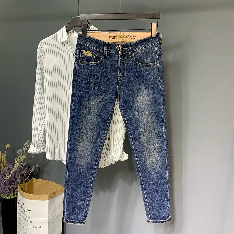 

Мужские синие джинсы Slim Fit из эластичного денима в корейском стиле, модные брюки-девятки, осенняя новинка, высококачественный хлопок