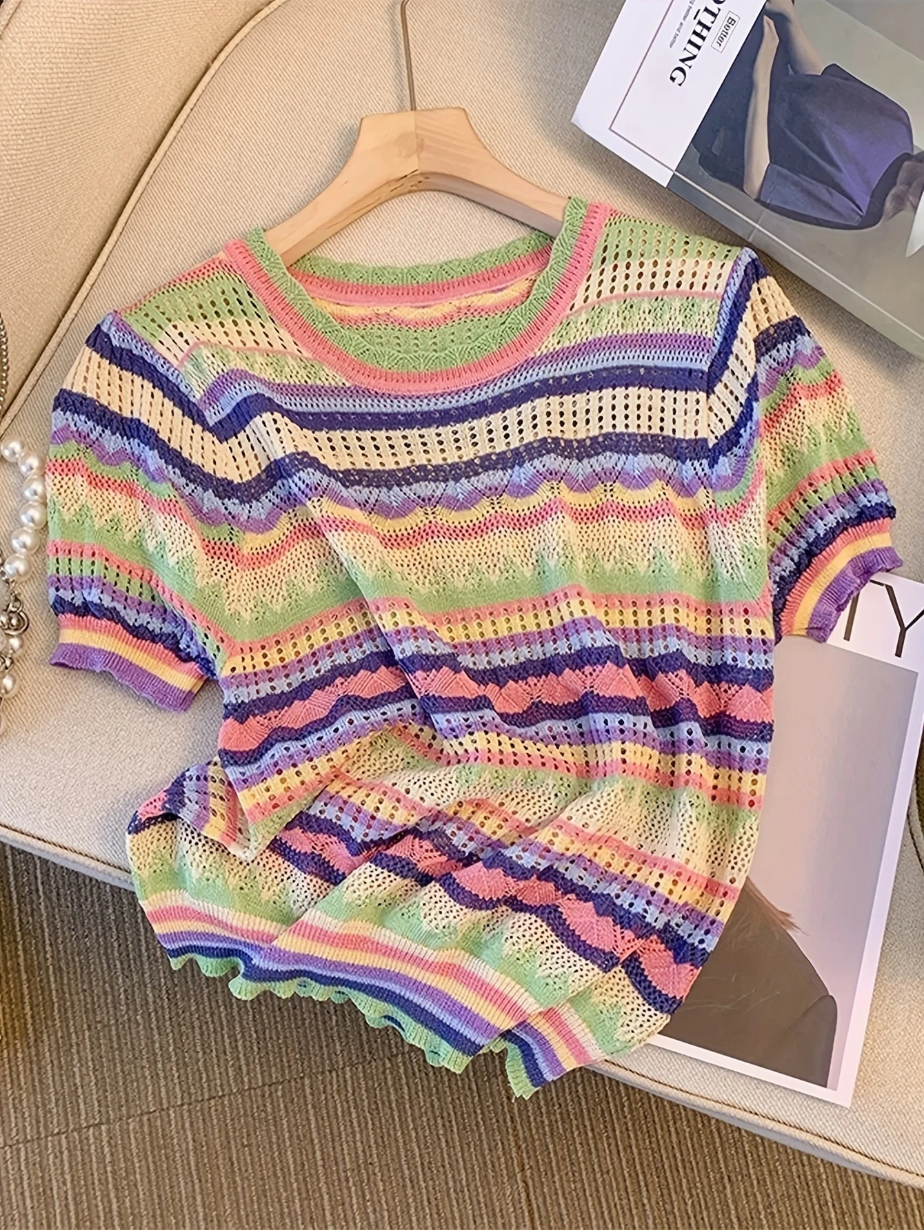 2024 New Color Block Crew Neck Knitted Top Casual Short Sleeve Top For Spring  Summer Women\'s Clothing Crop Top