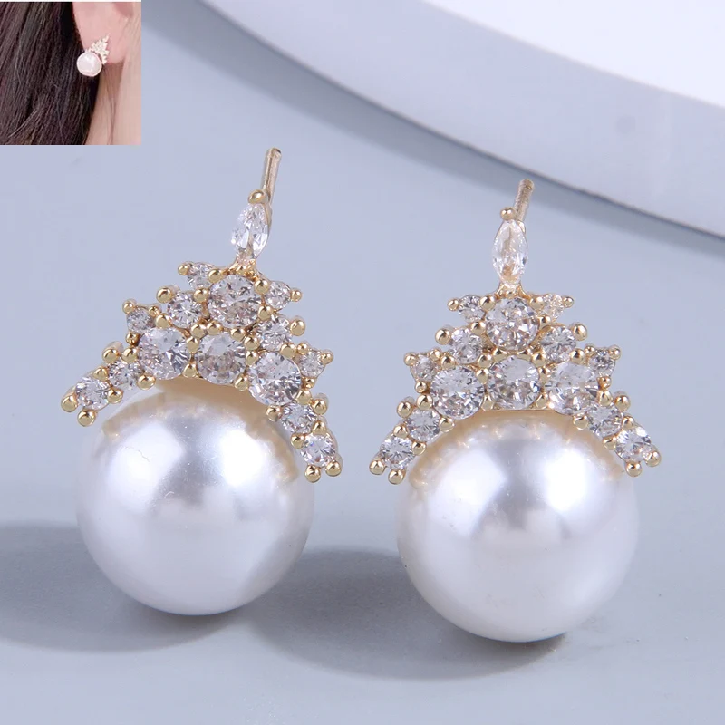 Kymyad Fashion Women's Earring Shining Crystal Stud Earrings Jewelry For Women Luxury Modern Simulated Pearl Wedding Earrings