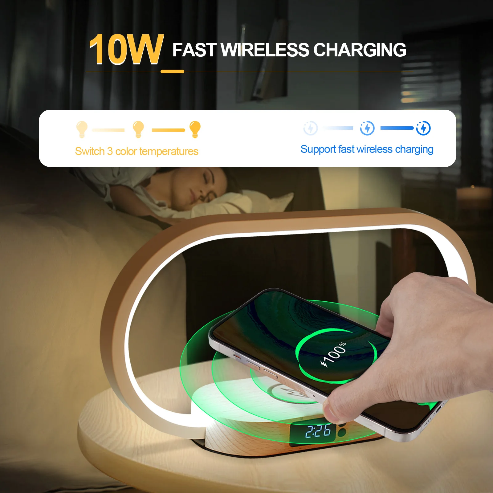 ไฟ LED นาฬิกาปลุกที่ชาร์จแบบไร้สายตั้งโต๊ะชาร์จได้เร็วตั้งโต๊ะโคมไฟเพดาน LED อ่านหนังสือข้างเตียงอ่านหนังสืออ่านหนังสือในห้องนอนแบบสัมผัส