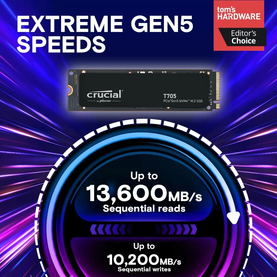 Crucial T705 1 تيرابايت 2 تيرابايت PCIe Gen5 NVMe M.2 SSD - ما يصل إلى 13,600 ميجابايت/ثانية - لعبة جاهزة - محرك الأقراص الصلبة الداخلي (الكمبيوتر الشخصي)، مبدد حرارة SSD هدية #1