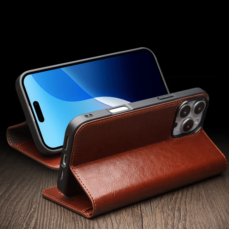 QIALINO Genuine Leather Flip Case for iPhone 16 Plus Handmade Fashion Business Cover with Card Slots for iPhone 16 Pro Max/16