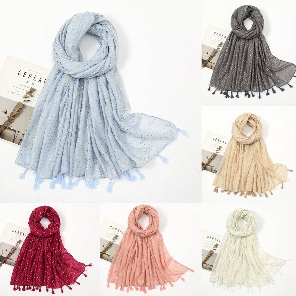 

New Trendy Plain Gold Glitter Cotton Scarf Women Muslim Tassel Shimmer Hijab Polka Dot Hijabs Islamic Shiny Shawl Wrap Headscarf