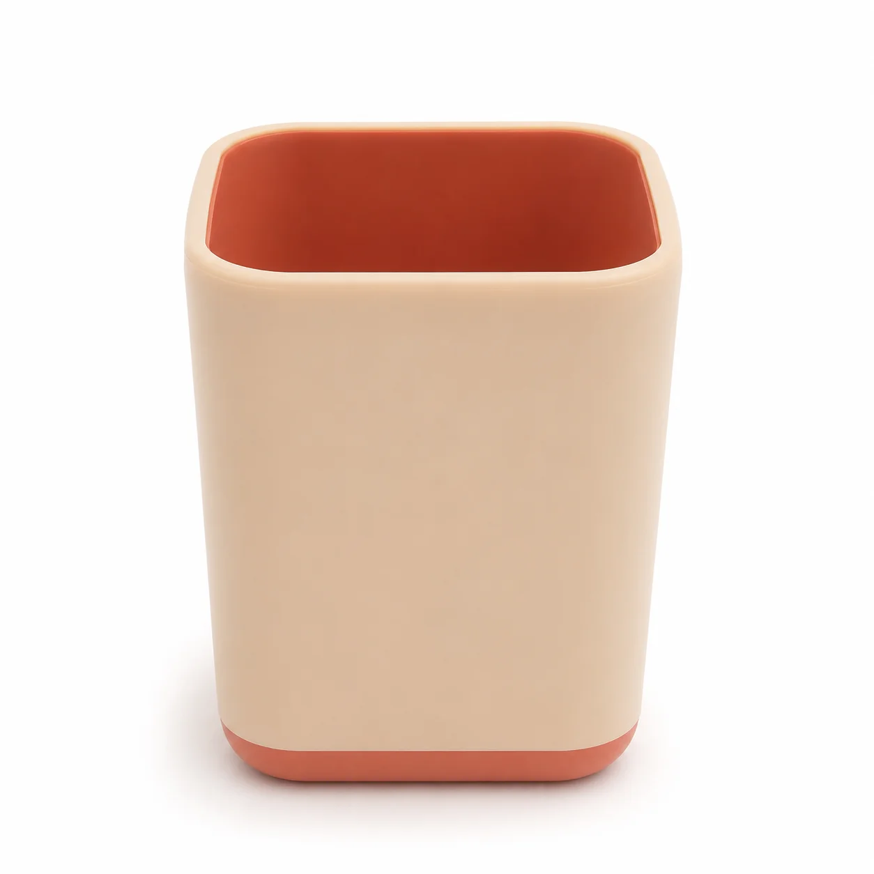 Square shaped pen holder with stable anti tipping base and rounded storage box