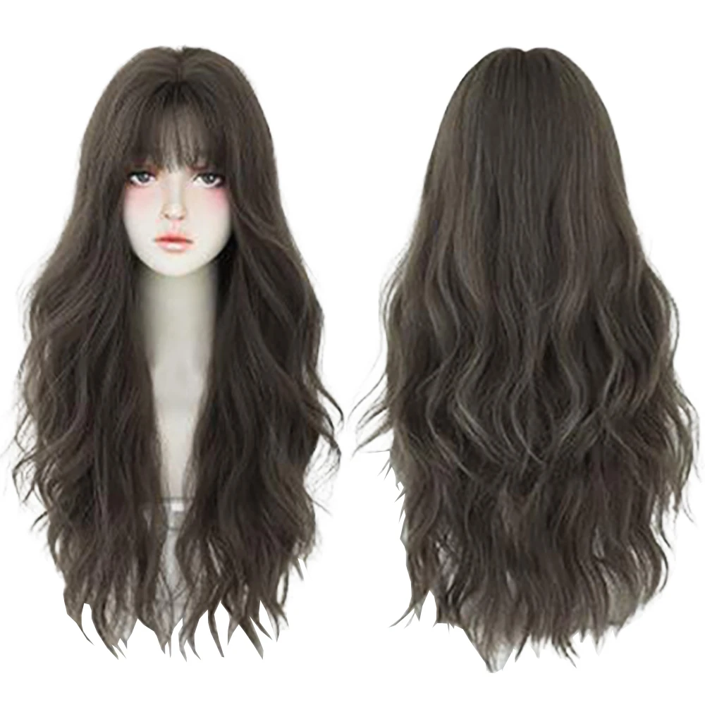 Long Wavy Curly Wig With Air Bangs Ash Brown Heat Resistant Synthetic Hair Natural Looking Full Head Wig For Daily Cosplay Party