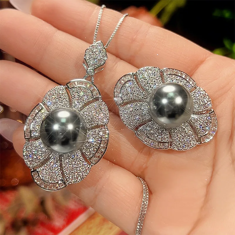 Luxury Flower Shape Black Tahitian Pearl 14mm Round Pearl Necklace Adjustable Ring Inlaid CZ Diamond for Women Wedding Gift