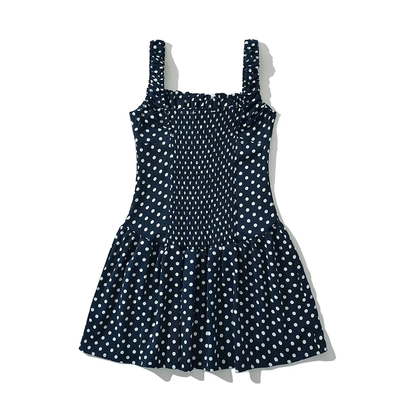 YENKYE New Women Navy Blue Polka Dot Tank Mini Dress Sexy Low Waist Folded Hem Female Sleeveless Summer Robe Holiday