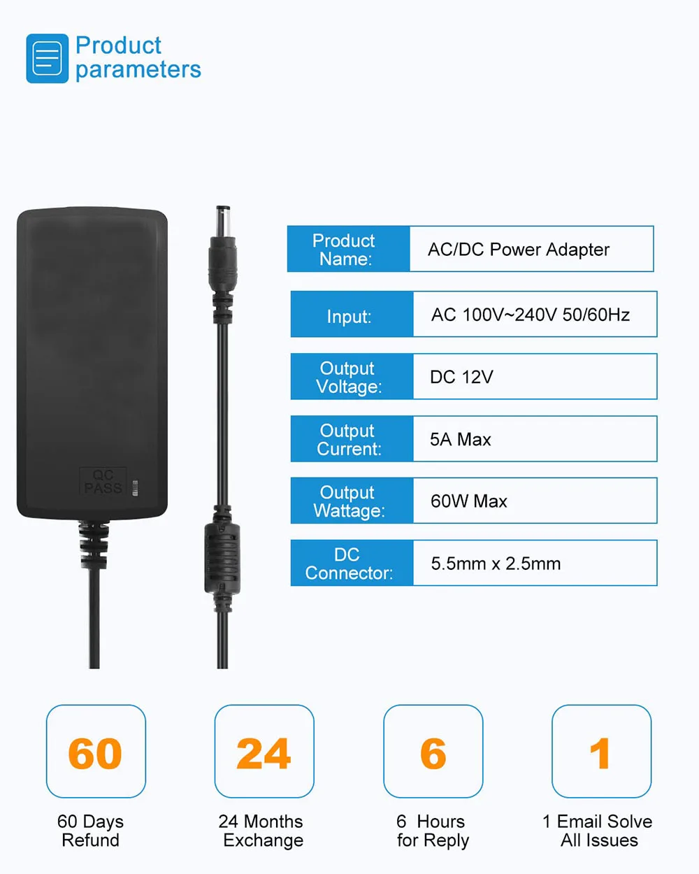 DC 12V 5A Power Supply Adapter Converter Transformer AC 100-240V Input with 5.5x2.5mm DC for 5050 3528 LED Strip Module Light