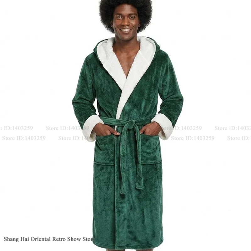 Autumn Winter Hooded Flannel Robe Kimono Bathrobe Gown Men's Sleewear Thicken Warm Coral Fleece Nightwear Home Clothes Lingerie