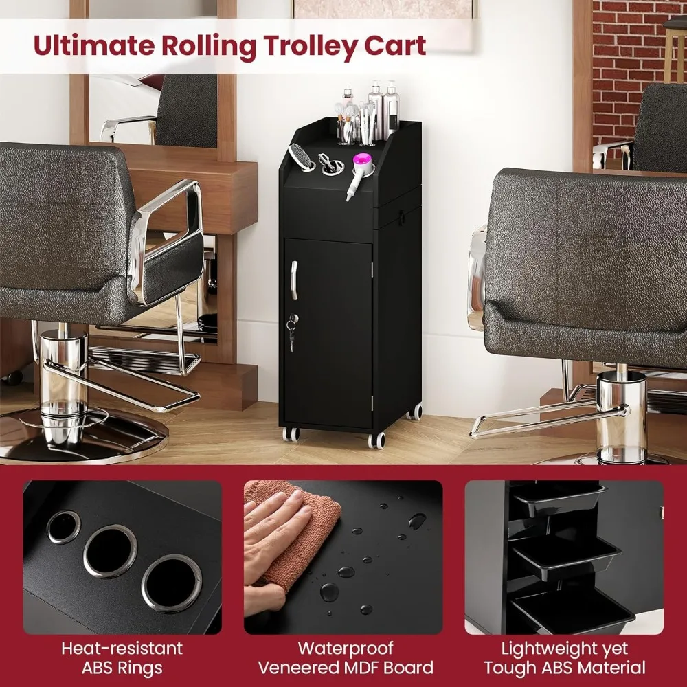 عربة صالون Giantex لمصففي الشعر، عربة ترولي خشبية قابلة للقفل على عجلات، خزانة تخزين ذات 3 أدراج، صينية أدوات جانبية، مجفف شعر #5