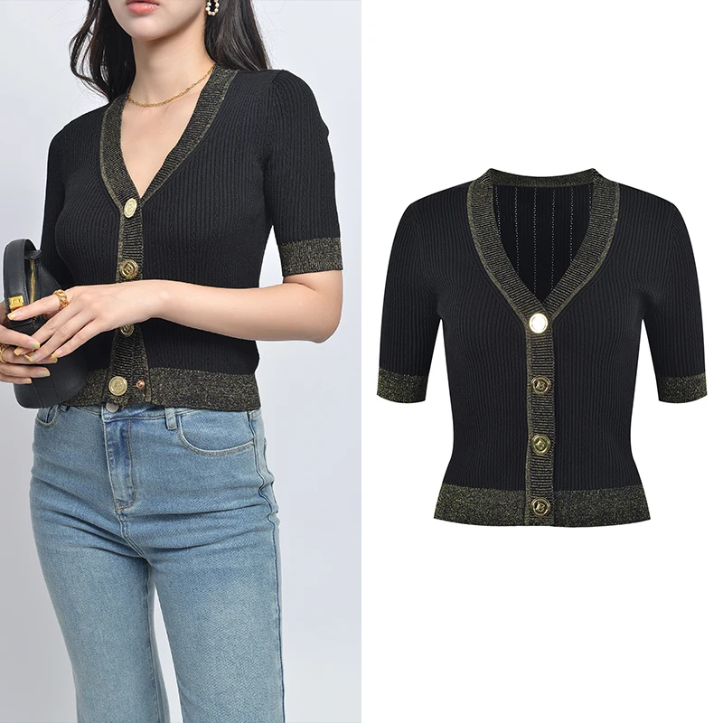 

Роскошное издание Paris Sensation Gold Button Slim Fit ort Sve iny Tead V-Ne вязаный открытый кардиган женская мода