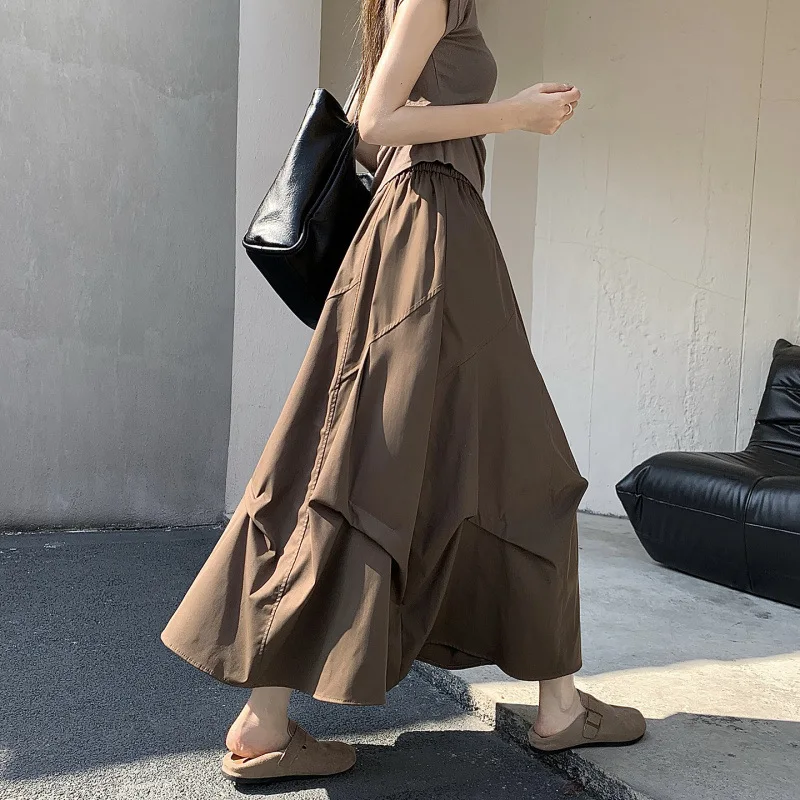 

2026 Spring New Arrival, High Manganese Acid Washed Printed Midi Skirt for Women, Brown Puff Mid-Length Skirt