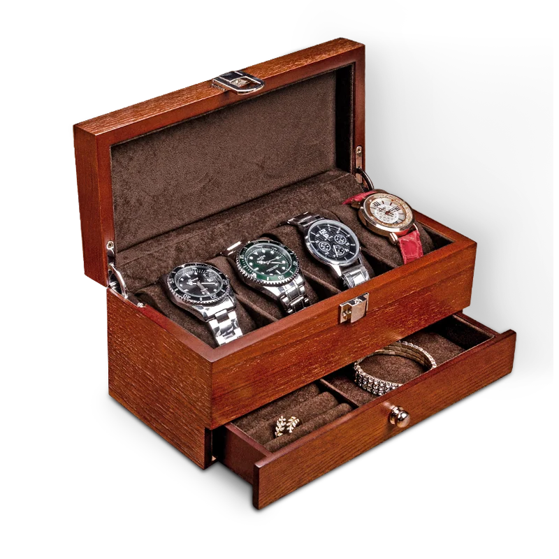 Wooden Double Layer Brown Watch Box Organizer Case Ring Necklace Bracelet Watch Jewelry Storage Box Display Multi-Function Boxes