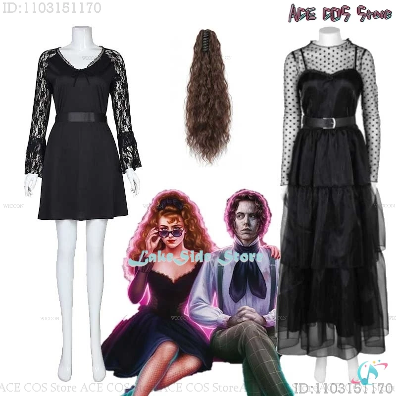 Lisa Cosplay Frankenstein 2024 Gothic Lace Dress Black Outfit Women Halloween Christmas Film Cosplay Costume Party Ponytail Wig