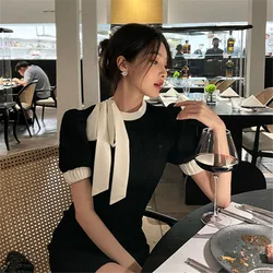 High-end Black White Splice Elegant Waist Dress Women Summer 2022 Pack Hip Short Office Ladies Dresses Casual O-neck Mini Dress