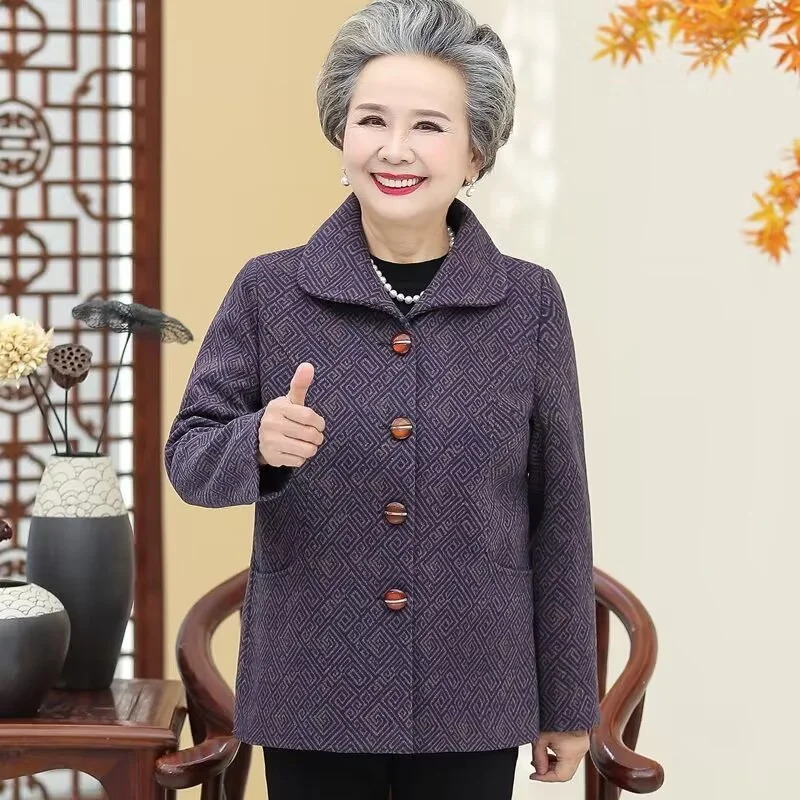 Autumn Winter Female Large Size 5XL Coat Middle Aged Mother Flip Collar Tops Jacket Grandma's Long Sleeves Outwear And Pants Set