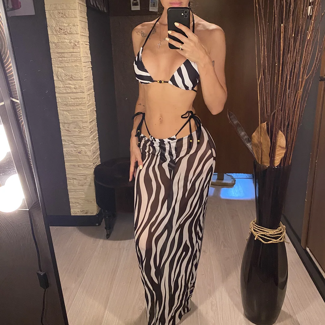 S - XL 3-teiliges Set mit Rock, Zebra-Halter-Bikini, Damen-Badebekleidung, dreiteiliger Bikini, Badeanzug, Badebekleidung, Schwimmbekleidung V6768 – Detail 4