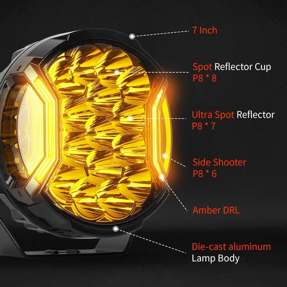 NewAmber DRL Spot Beam 517M Super Bright 196W Spot Lights 4X4 270 Degree Beam Angel 7 Inch Side Shooter Spotlight view 2