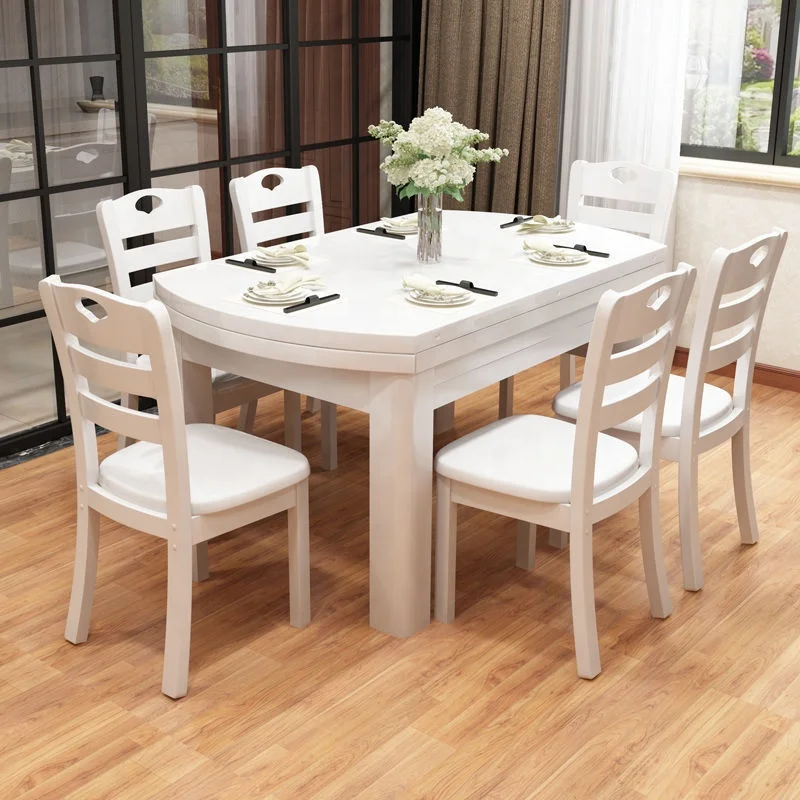 White Wooden Dining Table and Chairs Set for Family Dinners Square and Round Suitable Dining Table