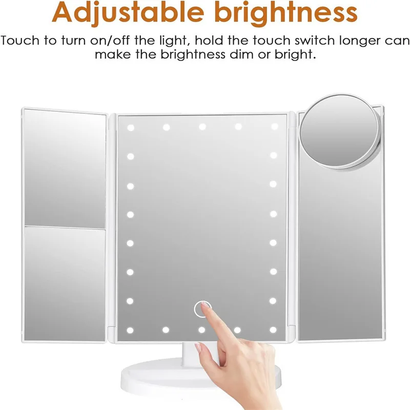 1pc Portable Makeup Mirror Vanity with LED Lights 2X 3X 10X Magnification Lighted Mirror Touch Control Trifold Dual Power Supply