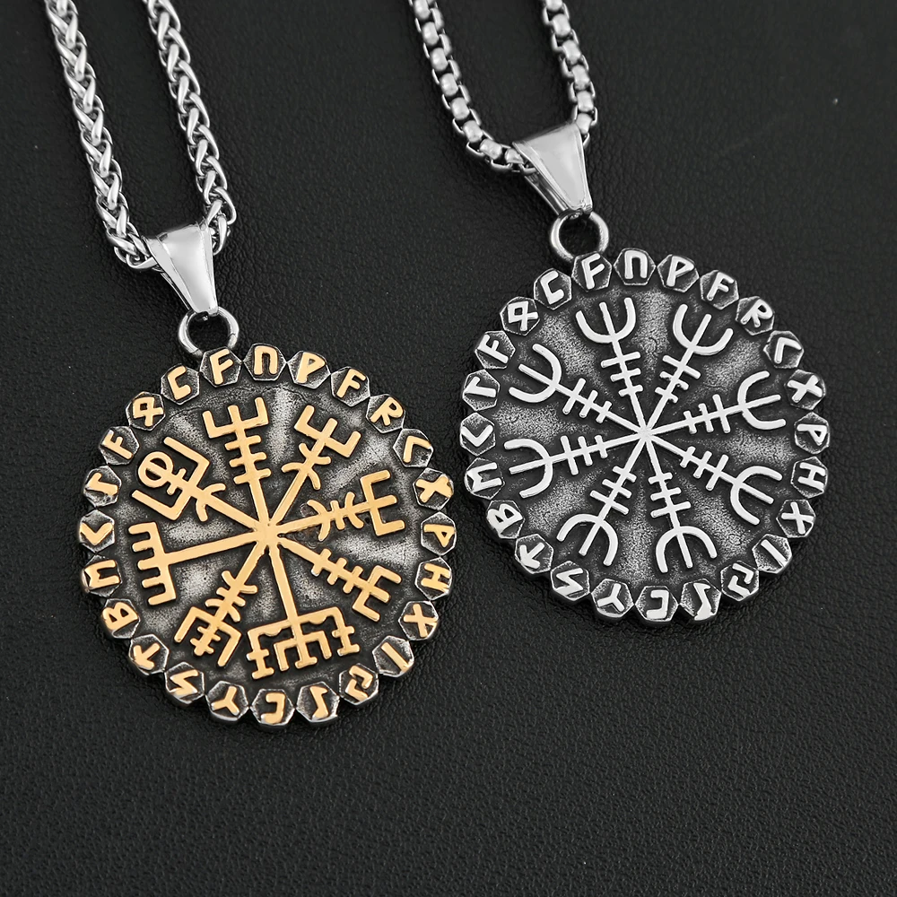 Classic Norse Vikings Compass Rune Necklaces Mens Amulet Vegvisir Pendant Stainless Steel Chain Icelandic Male Jewelry Gifts