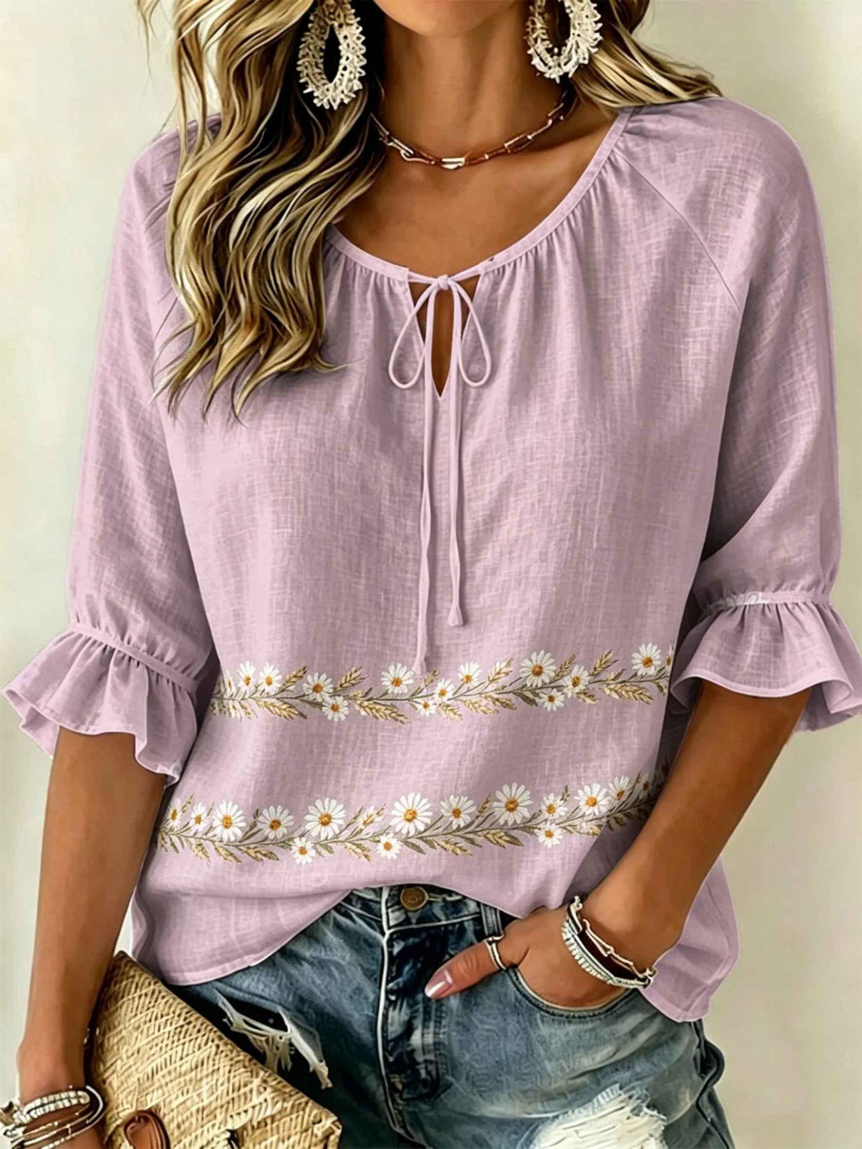 Women's Tie Split Neck Blouse, Light Purple White Seashell Border Print, Loose Fit for Spring Summer Daily Casual Outfits