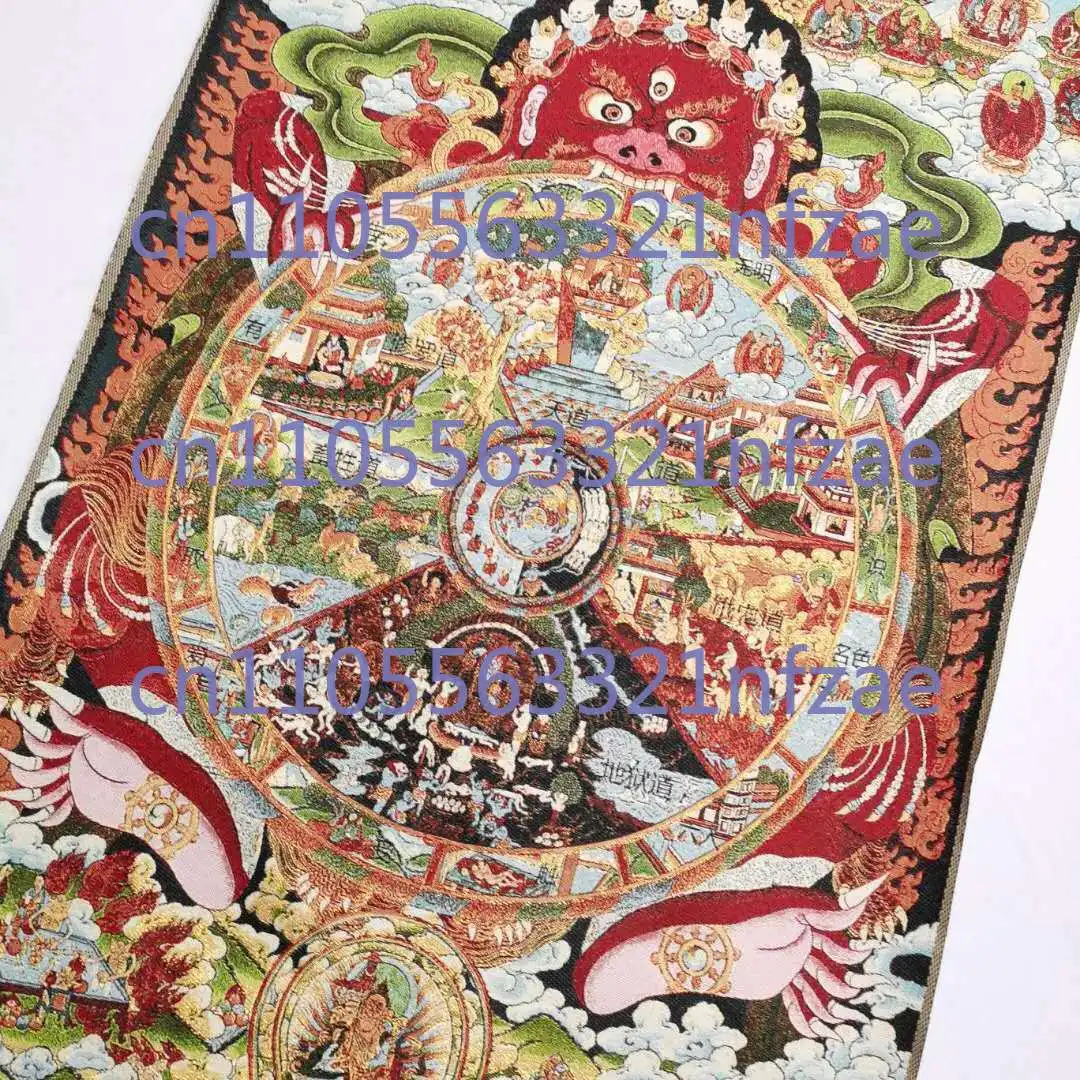 Obraz Thangka z tybetajskiej tkaniny jedwabnej, 91 cm, przedstawiający 6-stopniową drabinkę życia, Rulai, buddyzm, Tangka.