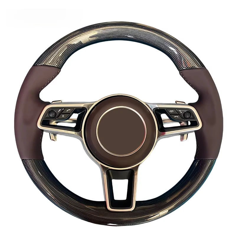 

Coffee Colour High Quality Carbon Fibre Steering Wheel For Porsches Macan Cayenne Taycan 718 Cayman GT4 RS 911