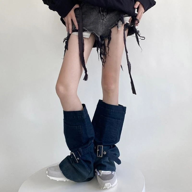 Fashionable Aesthetic Leg Warmer Denims Socks Harajuku Punk Buckle Strap Leg Sleeves Boot Covers with Pocket Streetwear 15UB