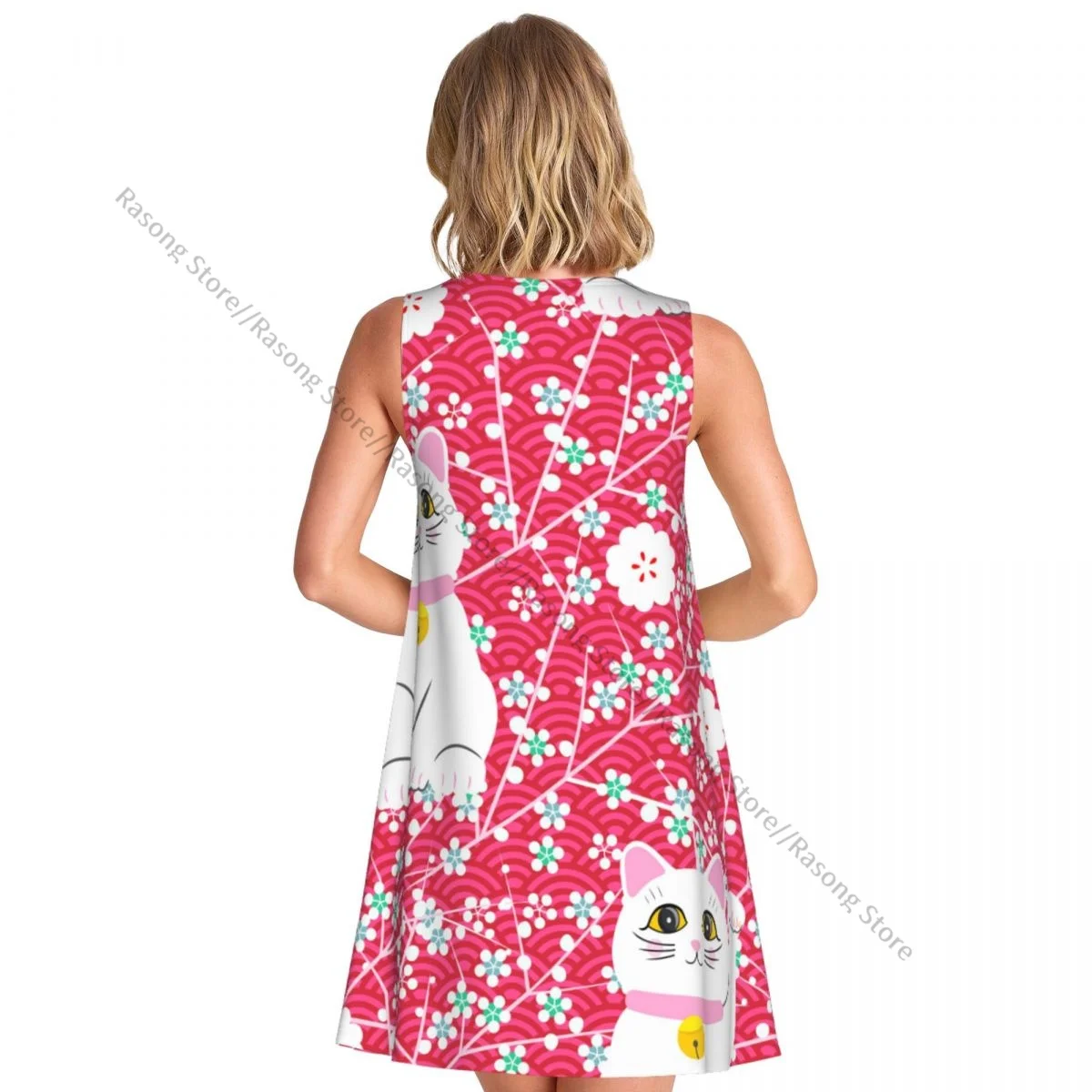 Women's Dress Summer Casual T Shirt Dresses Beach Cover up Japanese Lucky Cats Tank Dress