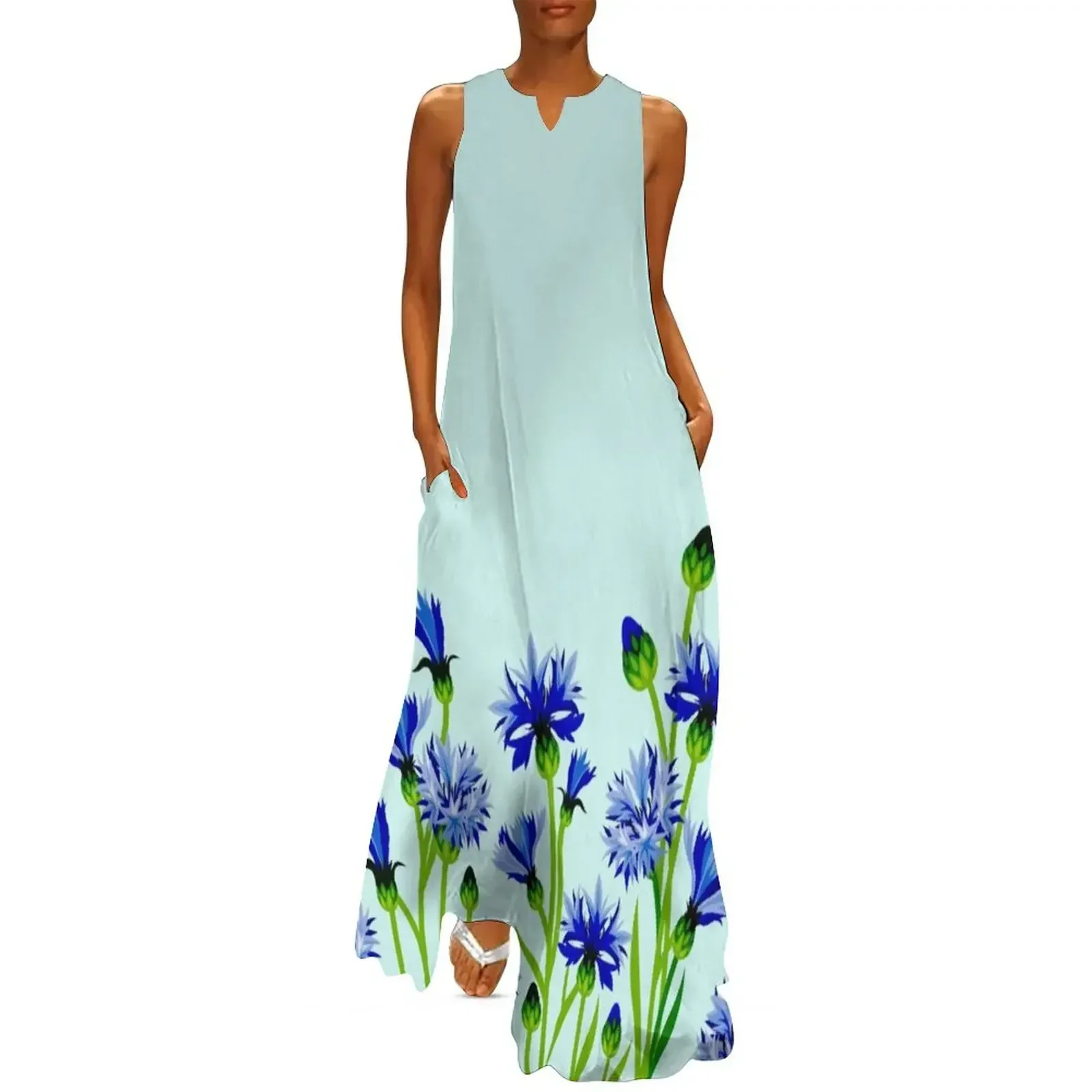 

Blue Cornflower - Cornflowers Floral Artwork With Spring and Summer Feel Long Dress Women dresses summer Dress