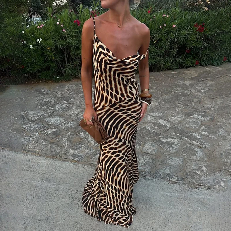 BKLD Onregelmatige Holle Afdrukken Zomer Maxi Jurk Voor Vrouwen Skew Kraag Mouwloos Backless Schede Zonnejurk Vakantie Strand Outfit