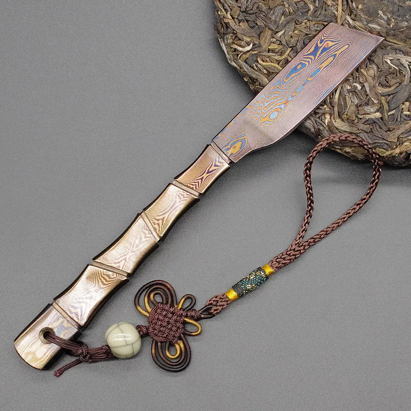 Longquan Pure Handmade Bamboo-Jointed Damascus Steel Pu-erh Tea Pick Knife Ancient Horse Tea Opener Special Tool for Cutting Tea