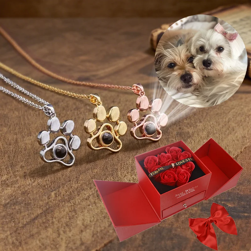 

Custom Color Photo Projection Dog Claw Copper Pendant Stainless steel Circle Chain Necklaces With Rose Gift Box For Women Gifts