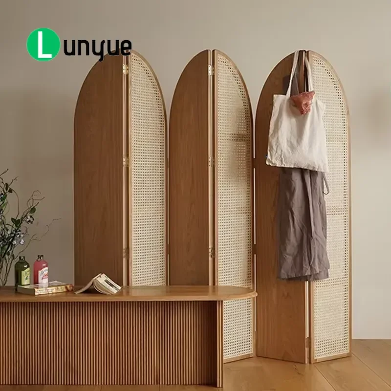 Solid Wood White Oak Rattan Movable Partition Screen Modern Simple Nordic Style Mobile Room Divider for Living Room Home