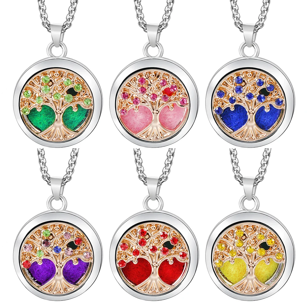Trendy Spiral Open Aromatherapy Pendant Golden Zircon Tree Of Life Pattern Essential Oil Diffuser Women Lockets Necklace Jewelry