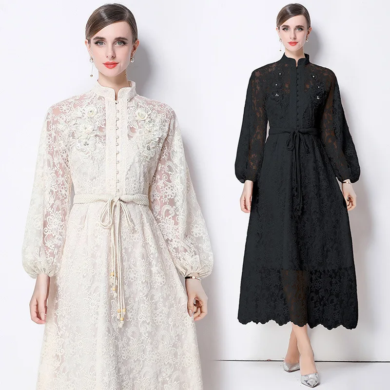 الرجعية طويلة الدكتور المطرزة العمل الثقيل للذوبان الدانتيل تنوعا عالية الخصر ثوب لجميع المواسم الصينية Sle المرأة Faion #1