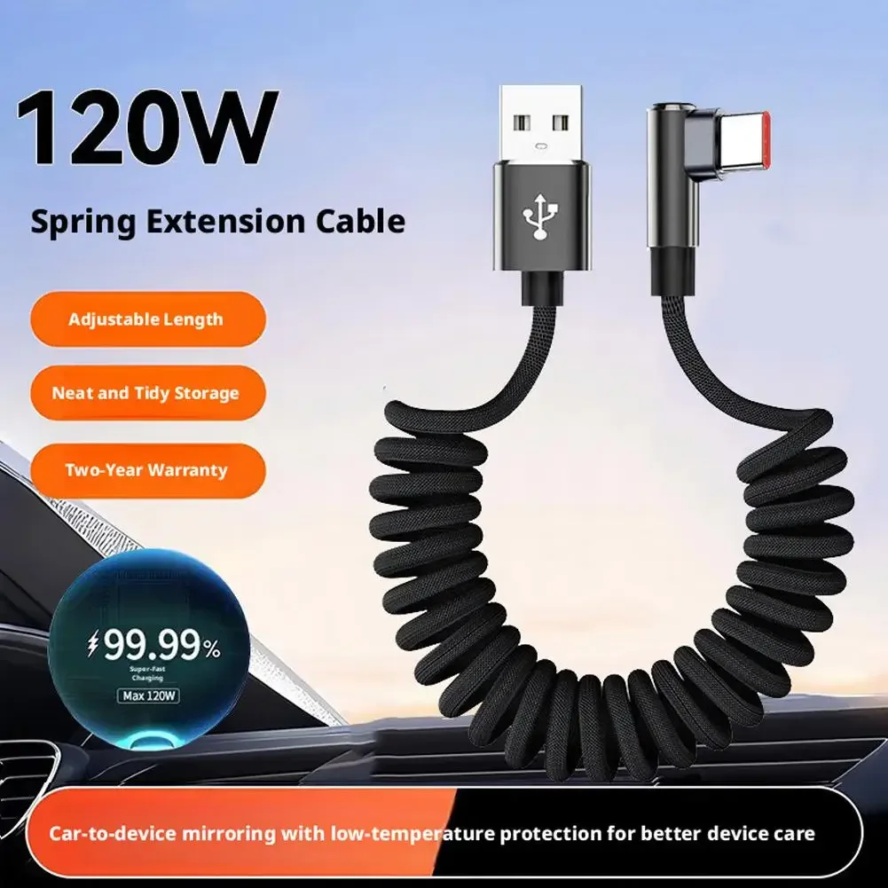 120W Fast Charging Coiled USB Type-C Cable 90-Degree L-Shape Retractable Spring Data Cord for Car Gaming & Mobile Phones