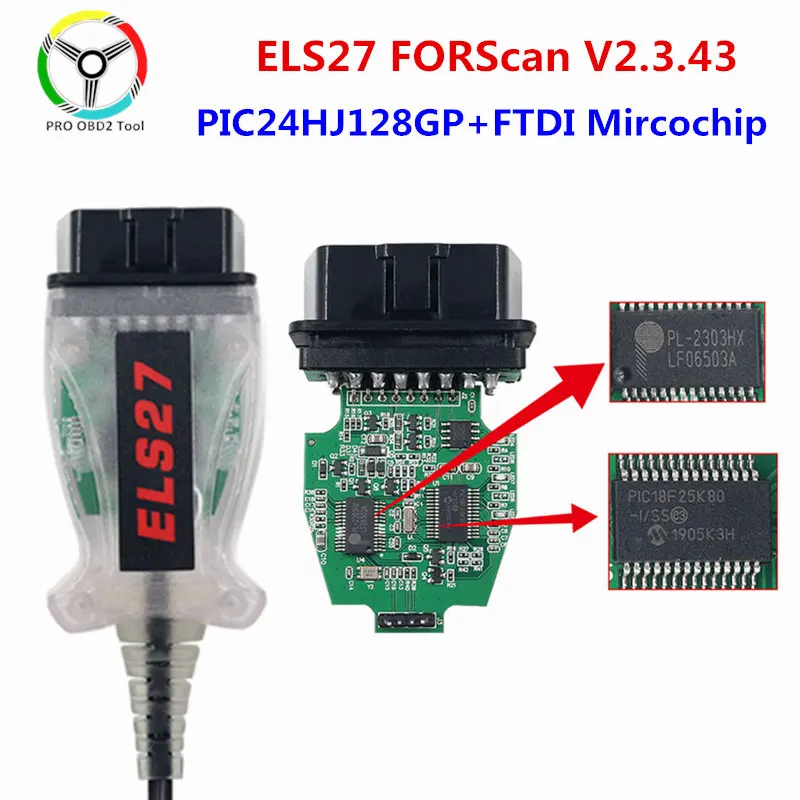 ELS27 V2.3.43 FORScan OBD2 Scanner Car Diagnostic Auto Tool Cable Green PCB ELS 27 FTDI PIC18F25K80 Multi-Language