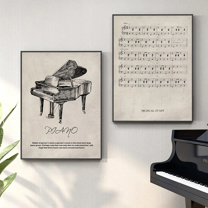 Retro Piano Violin Canvas Painting Vintage Sheet Music Staff Wall Art Pictures Posters for Living Room Classroom Decoration