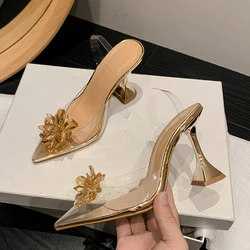 Liyke 2024 New Sexy Slingback Shoes Women Crystal Flower PVC Summer Strange Transparent High Heels Mules Sandals Female Pumps