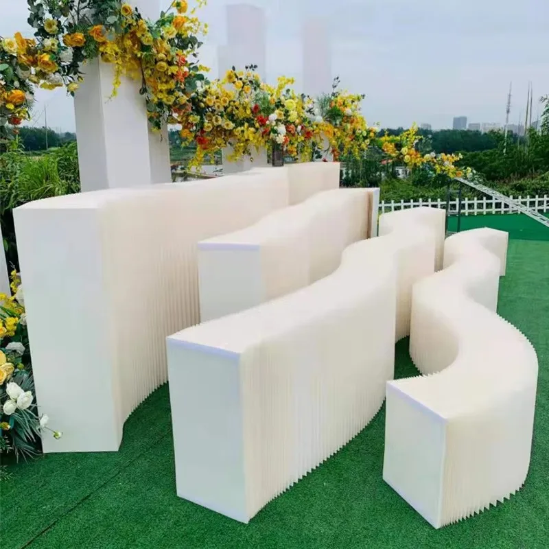 Decoración de boda, tamaño personalizado, soporte de exhibición plegable versátil de papel, mesa de exhibición de postre de flores, plataforma, guía curva, soporte para fiesta