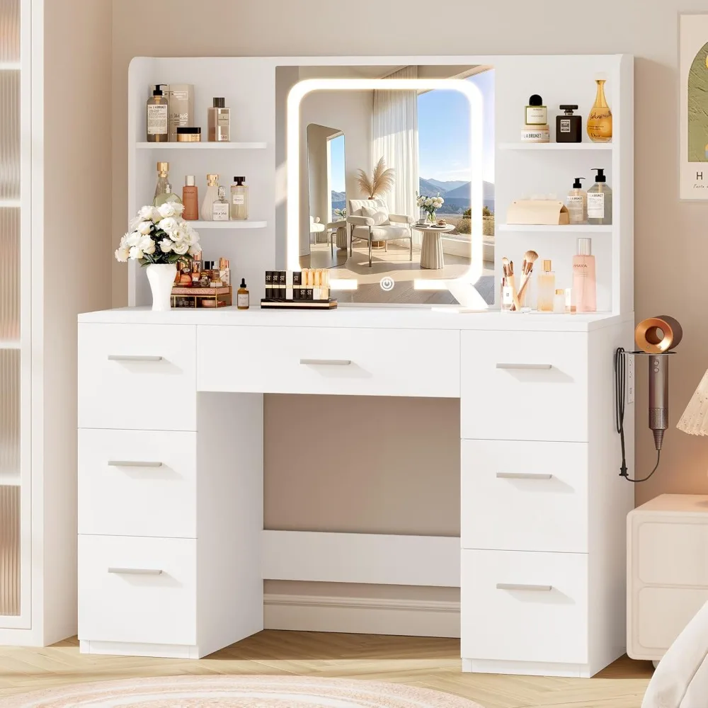 

Large Makeup Vanity Desk, 43.3”W x 15.7“D x 53.2”H, White (Large Desktop, Samrt LED Mirror, 4 Open Shelves, 7 Drawers,