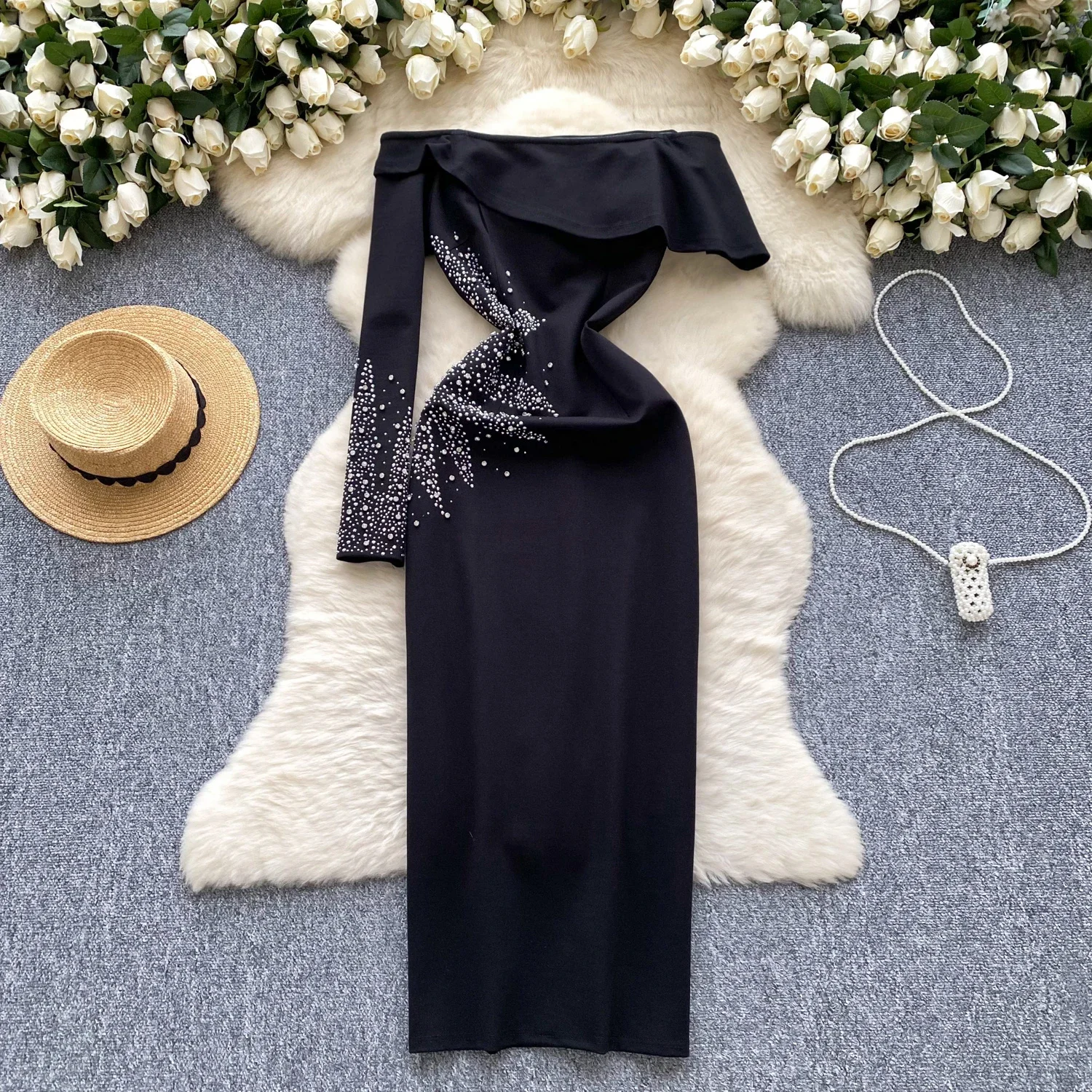 Elegant Single Sleeve Vintage Slash Neck Chic Asymmetrical Rhinestone Sexy Slim Long Dresses Evening High Street Autumn Clothing