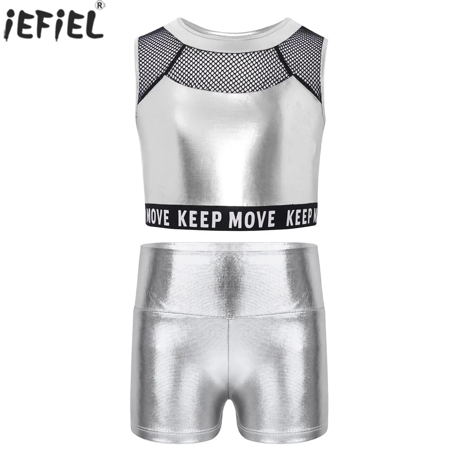 

Kids Girls Jazz Dance Gymnastics Performance Costume Sleeveless Mesh Metallic Vest with Shiny Shorts Set Workout Yoga Dancewear