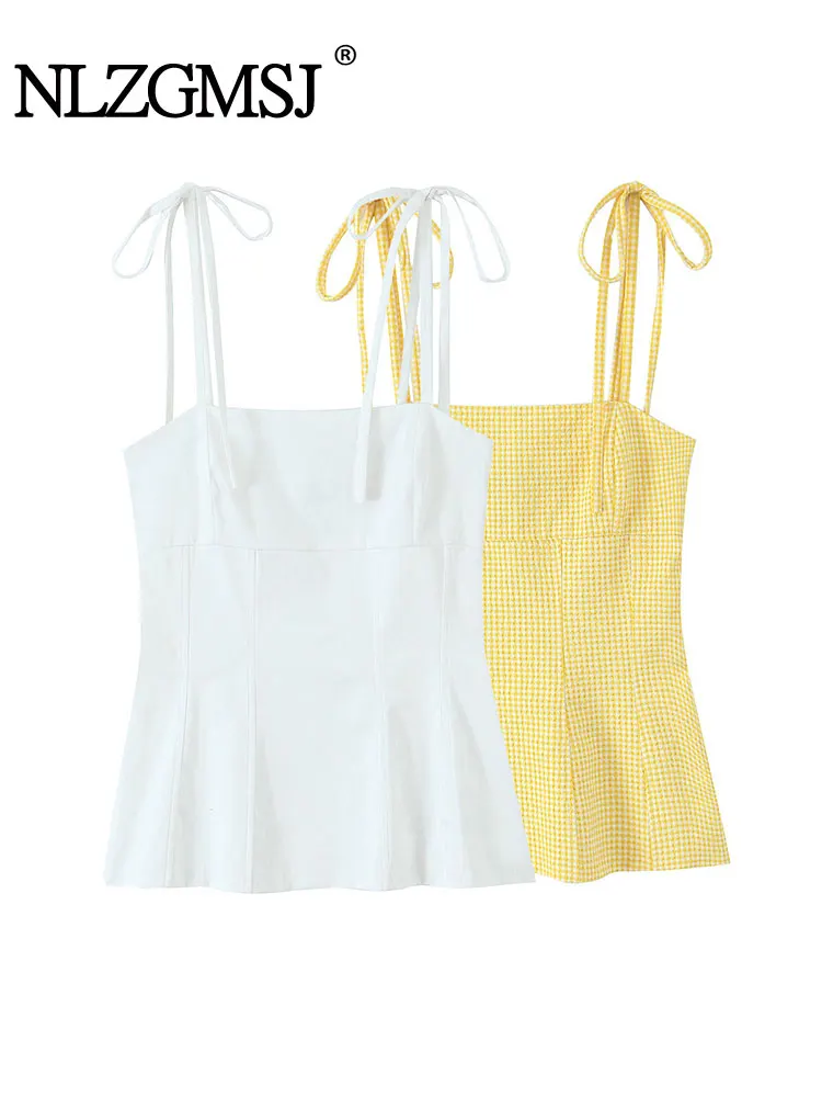 

Yellow Plaid Short Slip Tops 2025 Women's Spring Summer Tanks & Camis Tops Fashion Casual Elegant Bow Tops